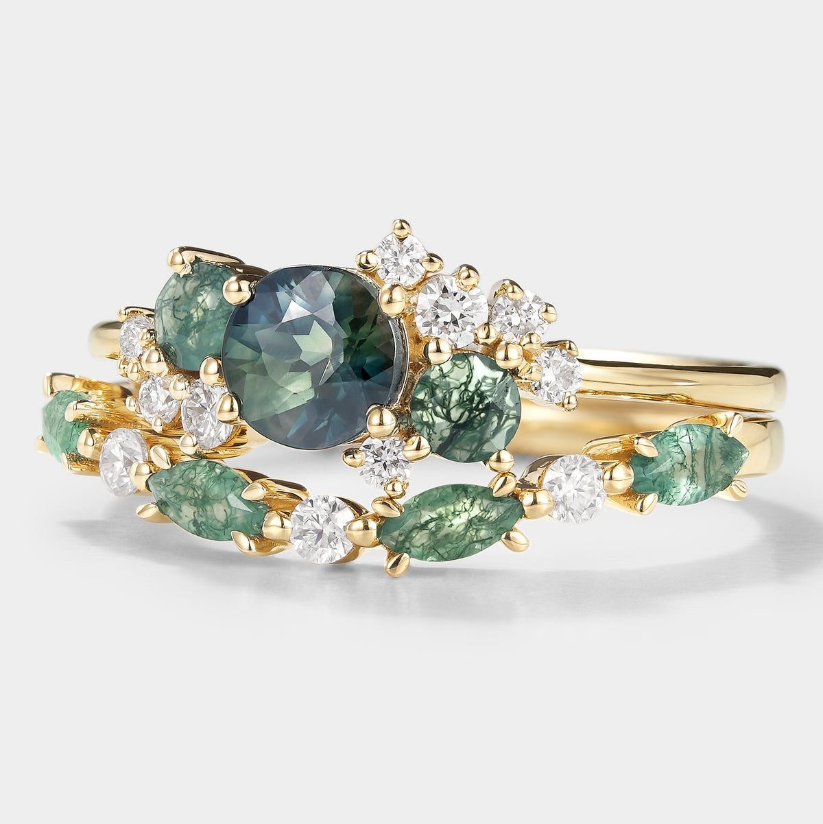 Teal Sapphire Ring With Moss Agate & Moissainte Ring Sets 2pcs