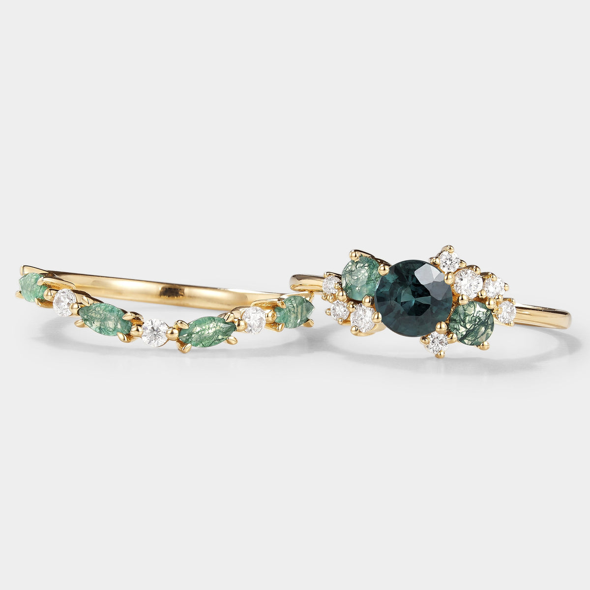 Teal Sapphire Ring With Moss Agate & Moissainte Ring Sets 2pcs