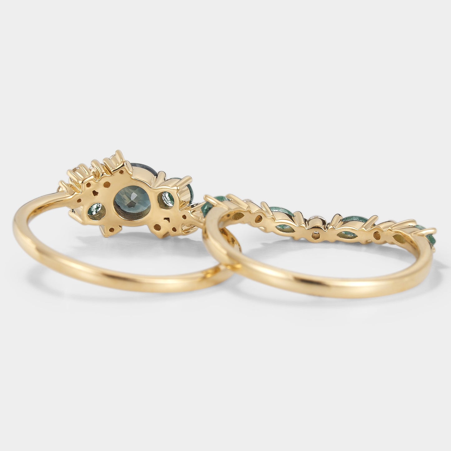 Teal Sapphire Ring With Moss Agate & Moissainte Ring Sets 2pcs