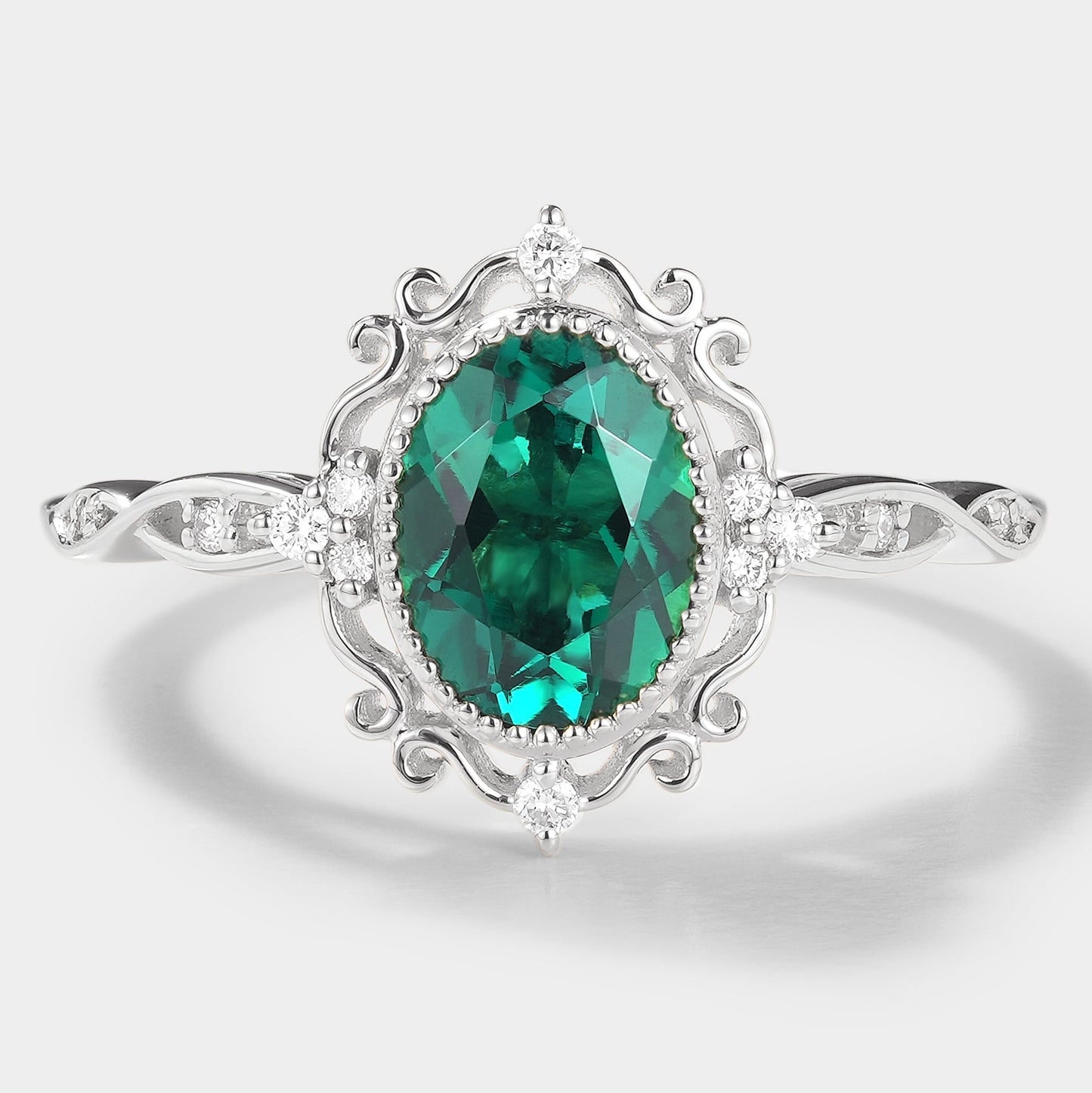 Vintage Royal Court Style Lab Grown Emerald Engagement Ring