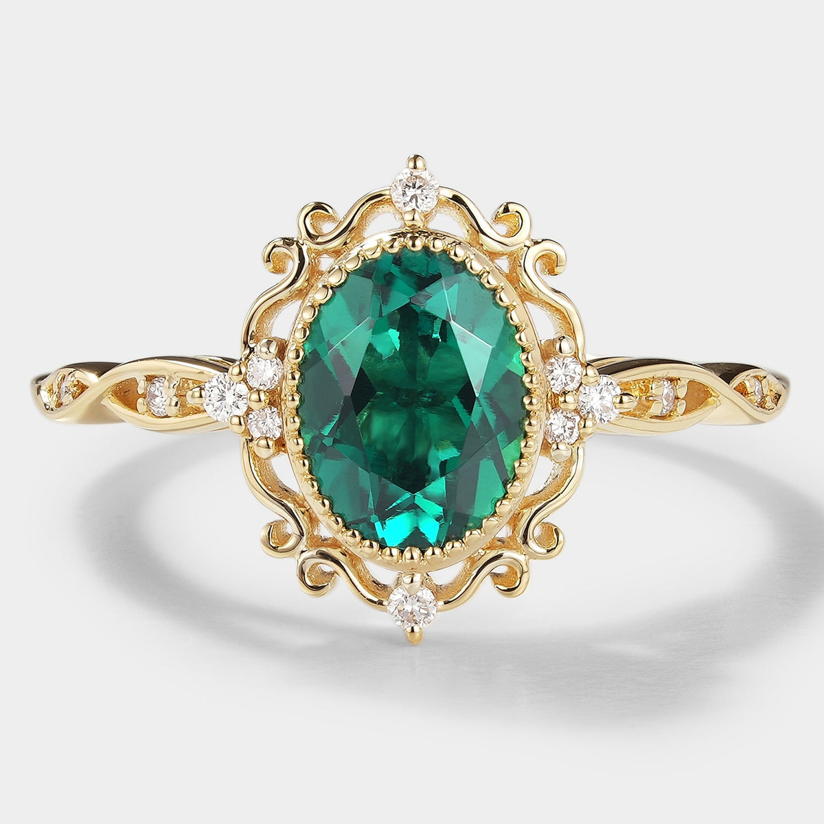 Vintage Royal Court Style Lab Grown Emerald Engagement Ring