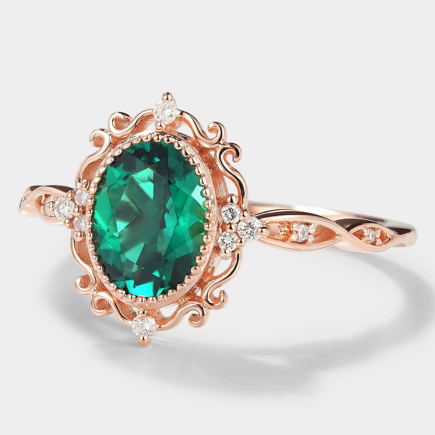 Vintage Royal Court Style Lab Grown Emerald Engagement Ring