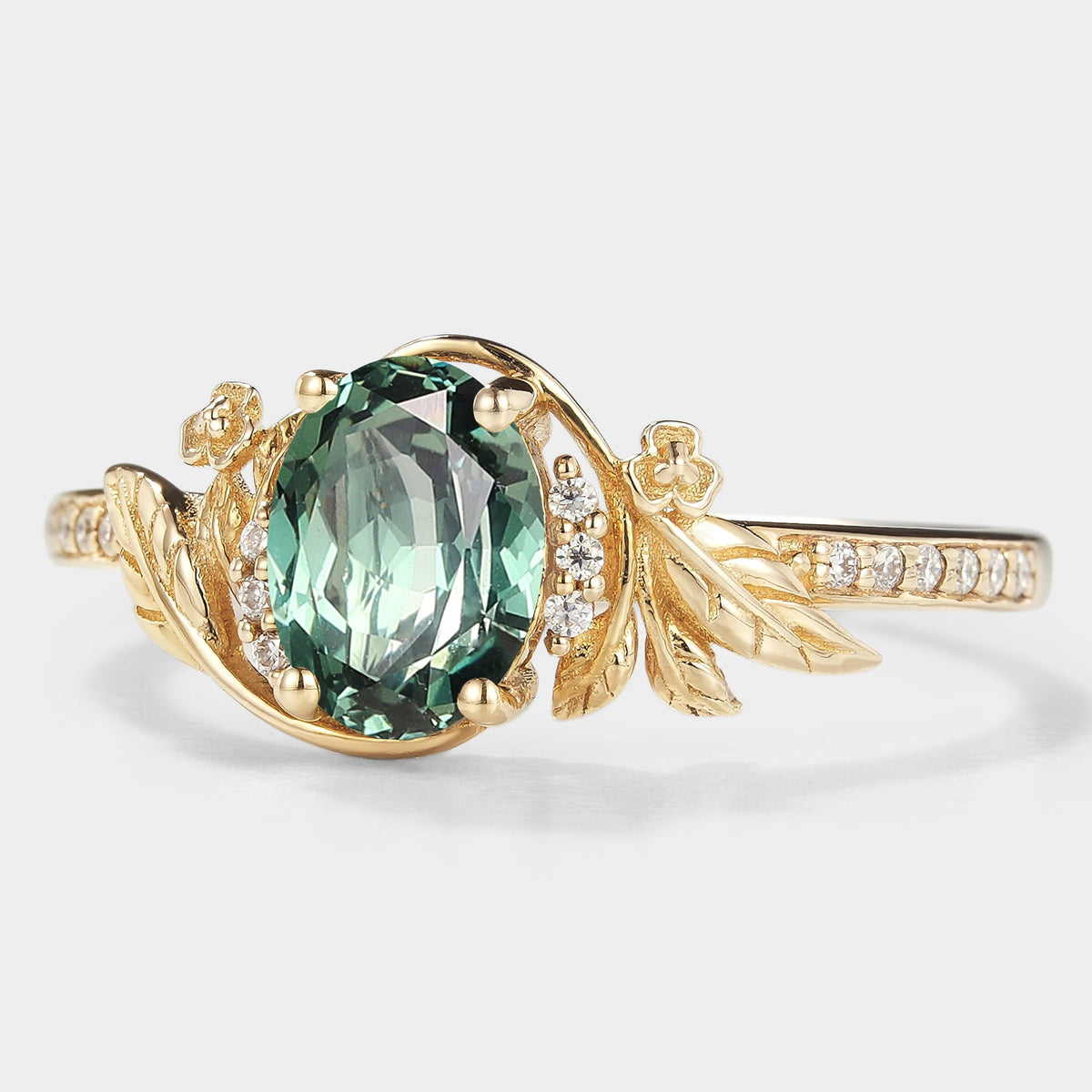 Oval Green Sapphire Engagement Ring with Leaf & Flower