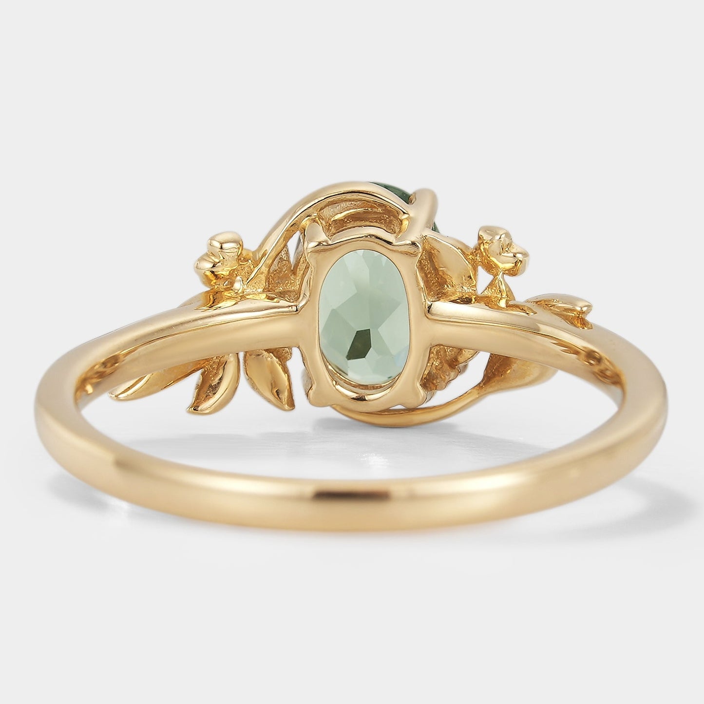 Oval Green Sapphire Engagement Ring with Leaf & Flower