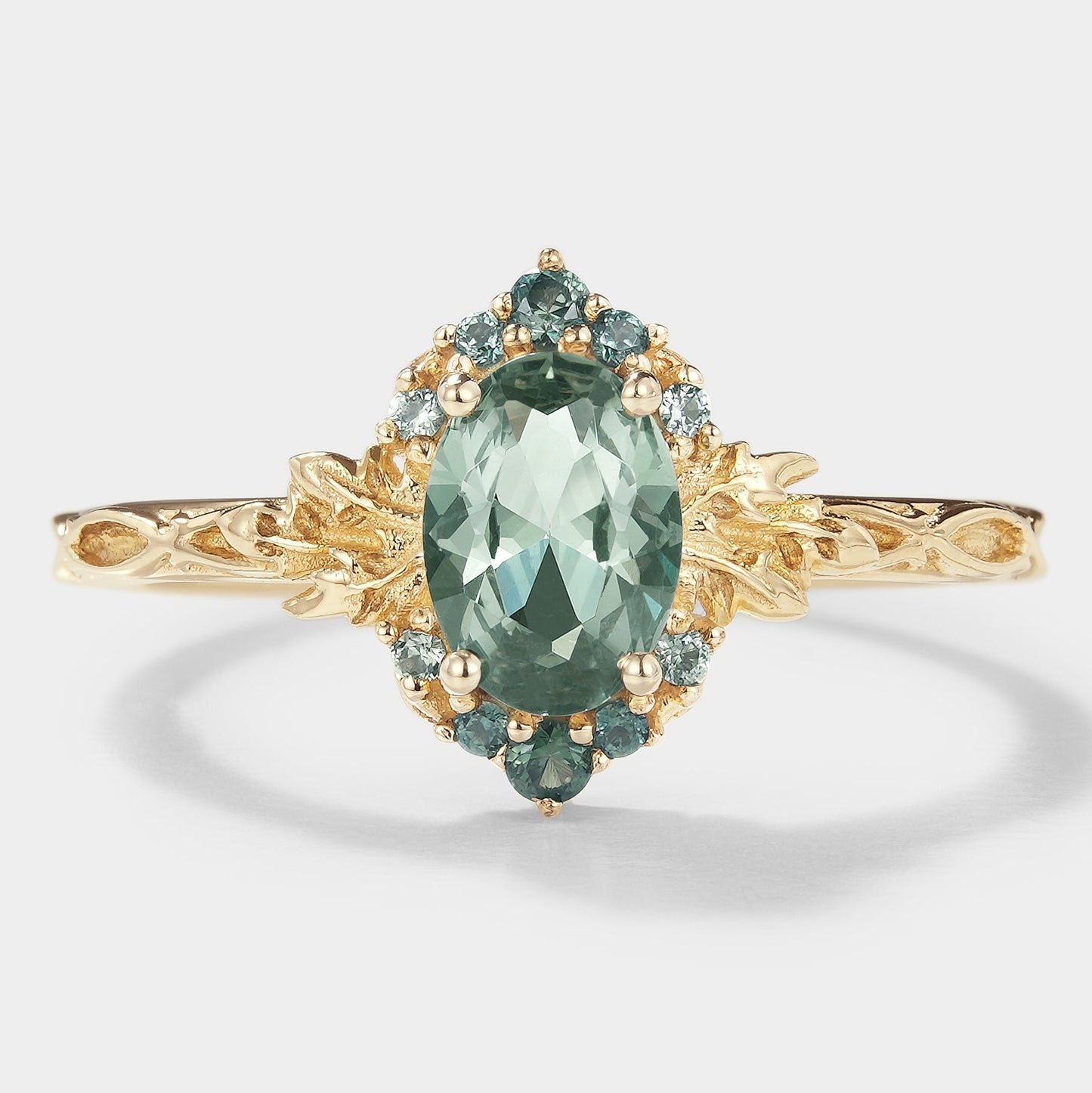 Oval Green Sapphire Engagement Ring with Leaf Pattern - Saphira