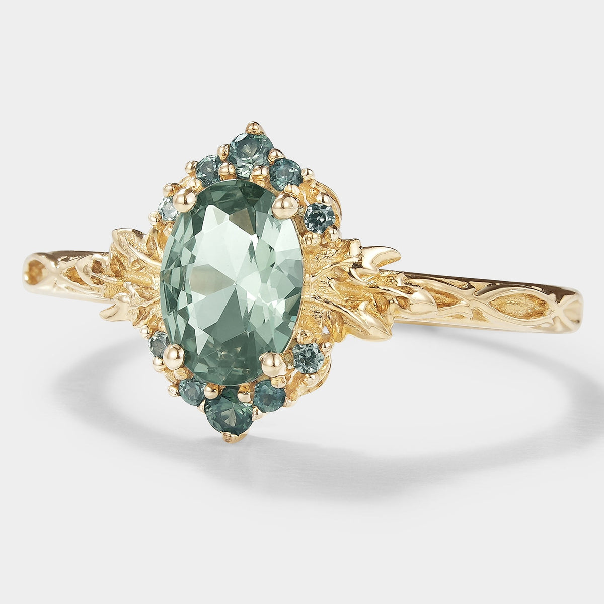 Oval Green Sapphire Engagement Ring with Leaf Pattern - Saphira