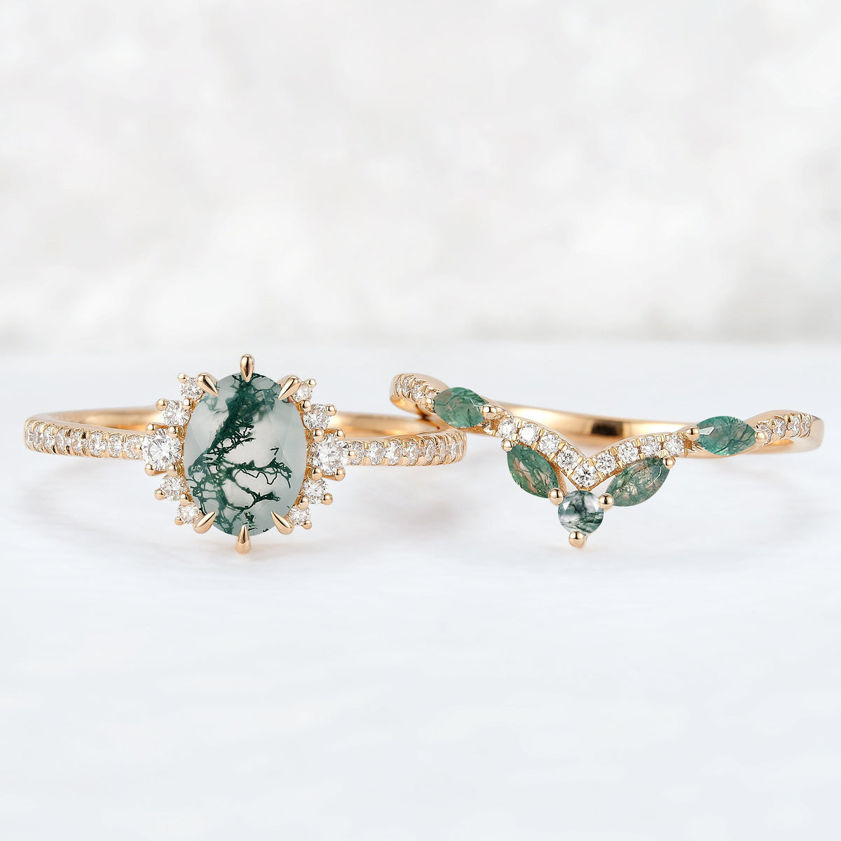 Unique Oval Cut Moss Agate Half Enternity Ring Set 2pcs