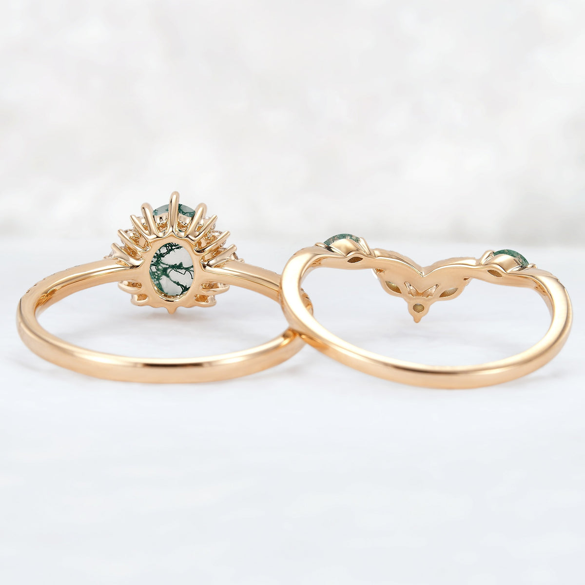 Unique Oval Cut Moss Agate Half Enternity Ring Set 2pcs