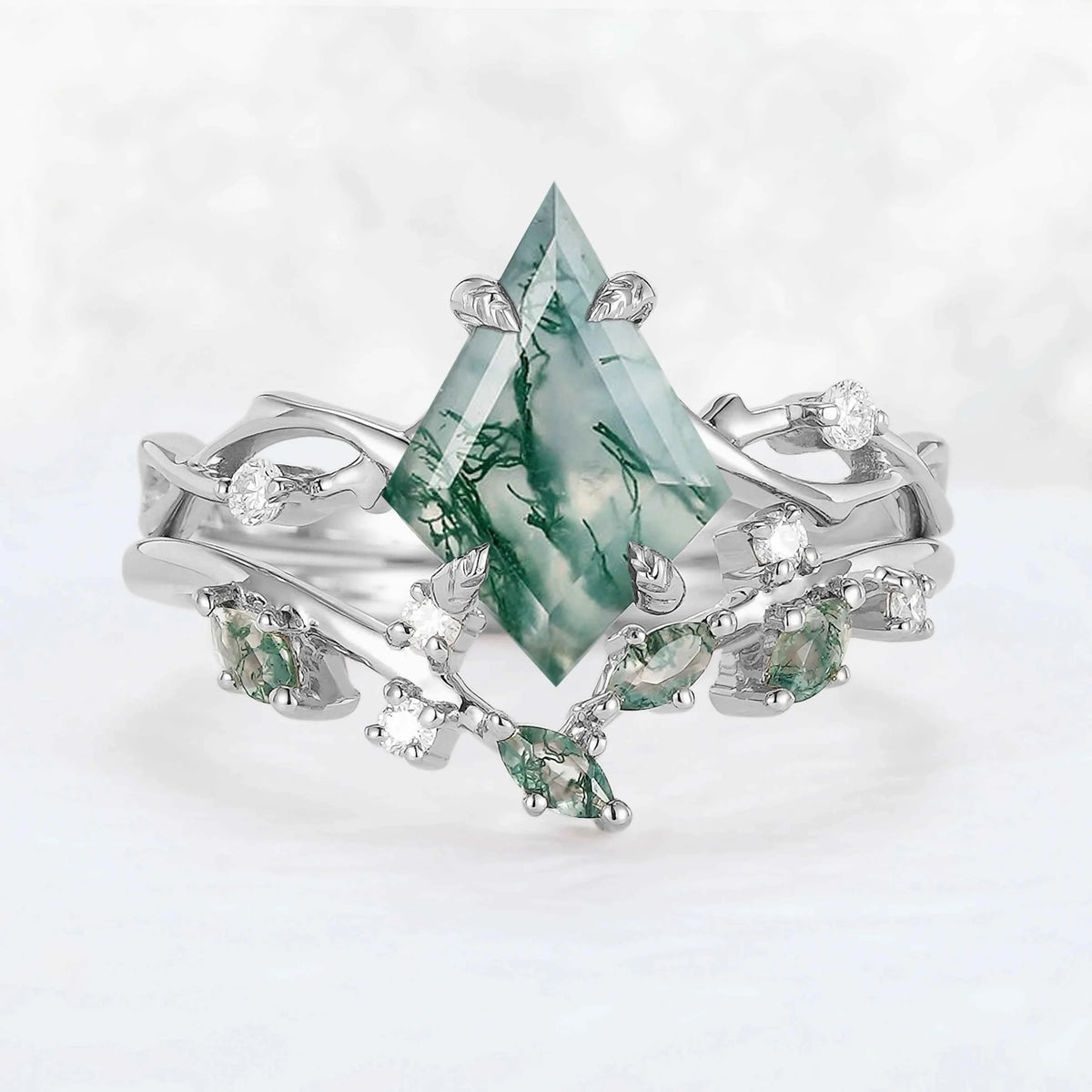 Unique Kite Cut Moss Agate Leaf and Vine Silver Ring Set 2pcs