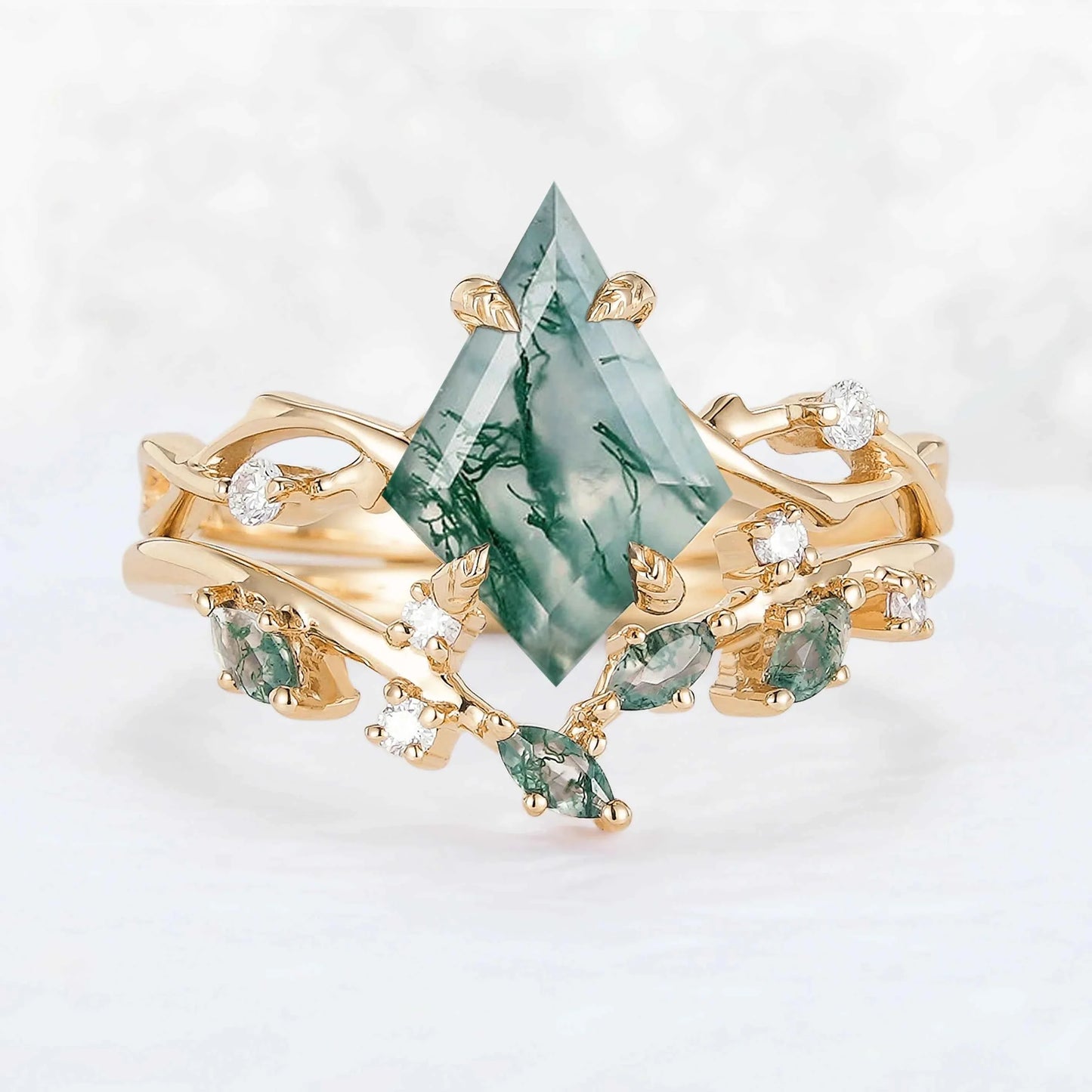 Unique Kite Cut Moss Agate Leaf and Vine Silver Ring Set 2pcs