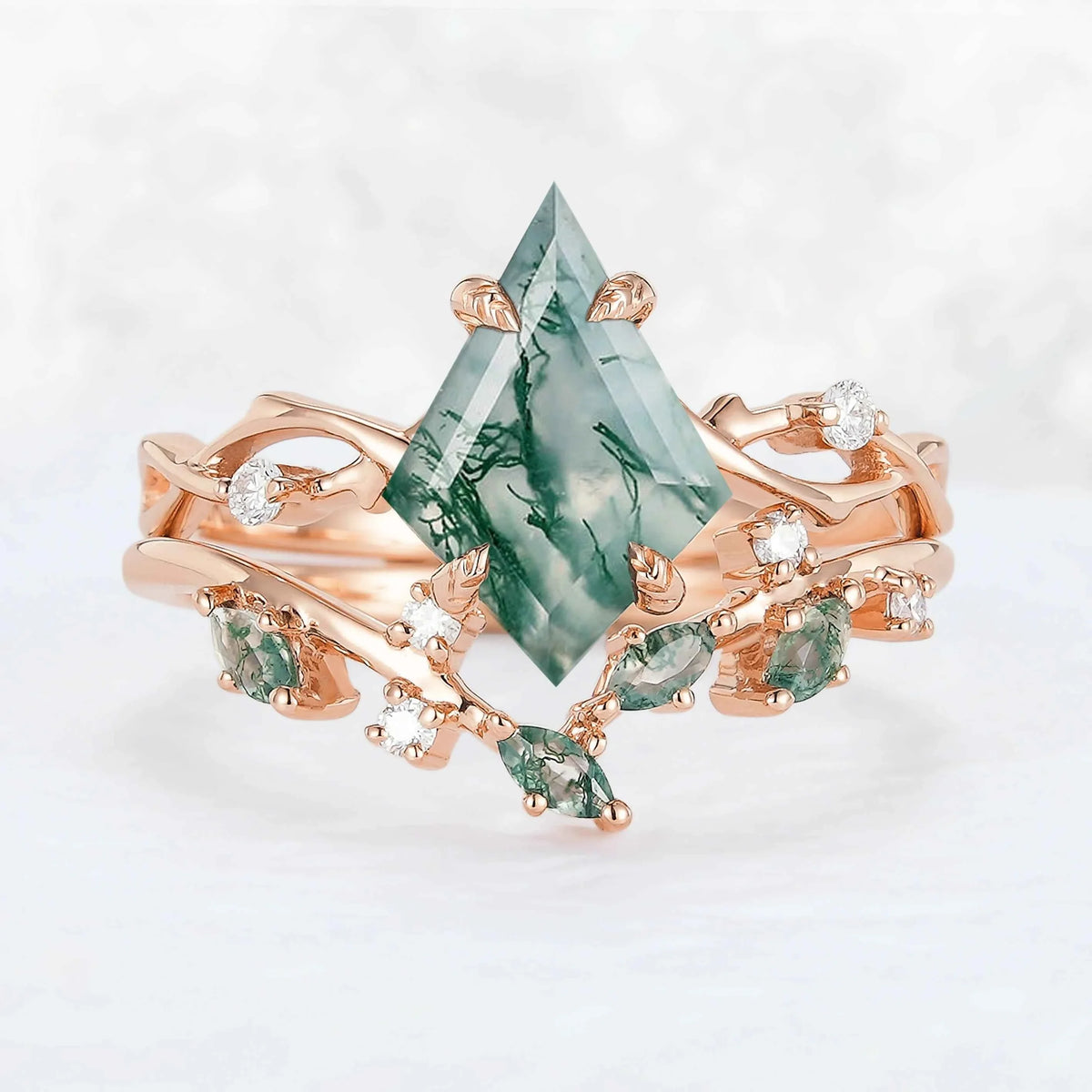 Unique Kite Cut Moss Agate Leaf and Vine Silver Ring Set 2pcs