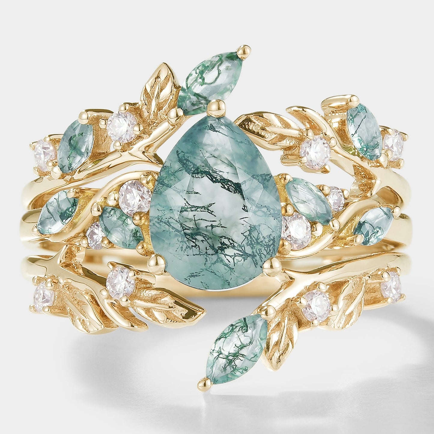 Moss Agate Engagement Ring With Enhancer Leaf Branch Double Wedding Band