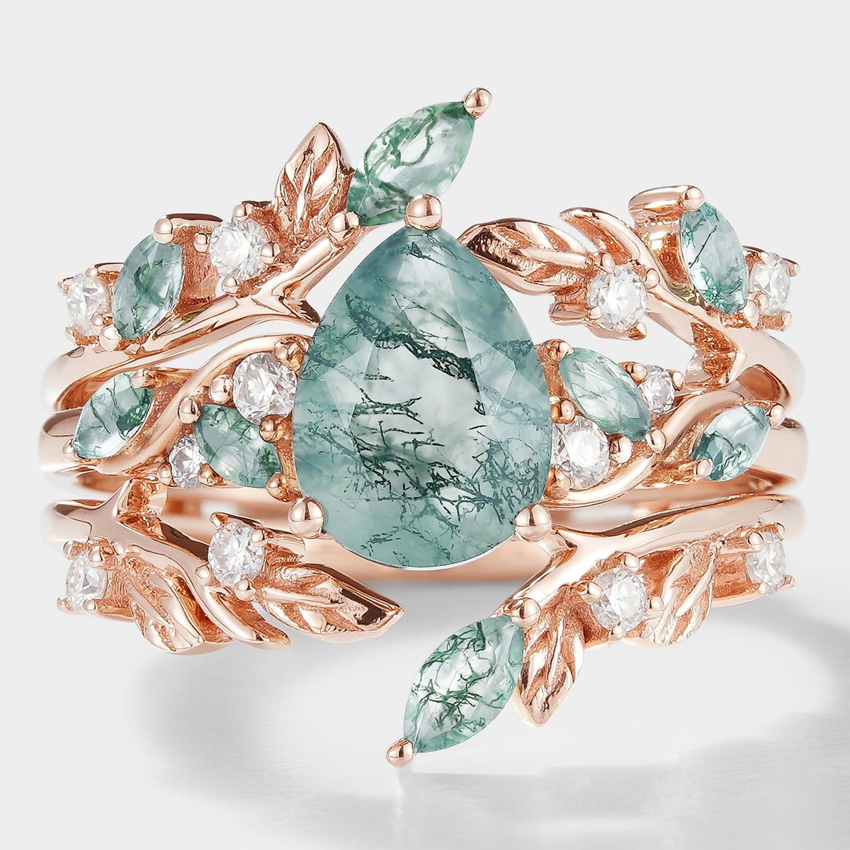 Moss Agate Engagement Ring With Enhancer Leaf Branch Double Wedding Band