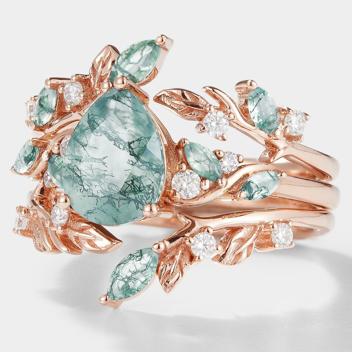 Moss Agate Engagement Ring With Enhancer Leaf Branch Double Wedding Band