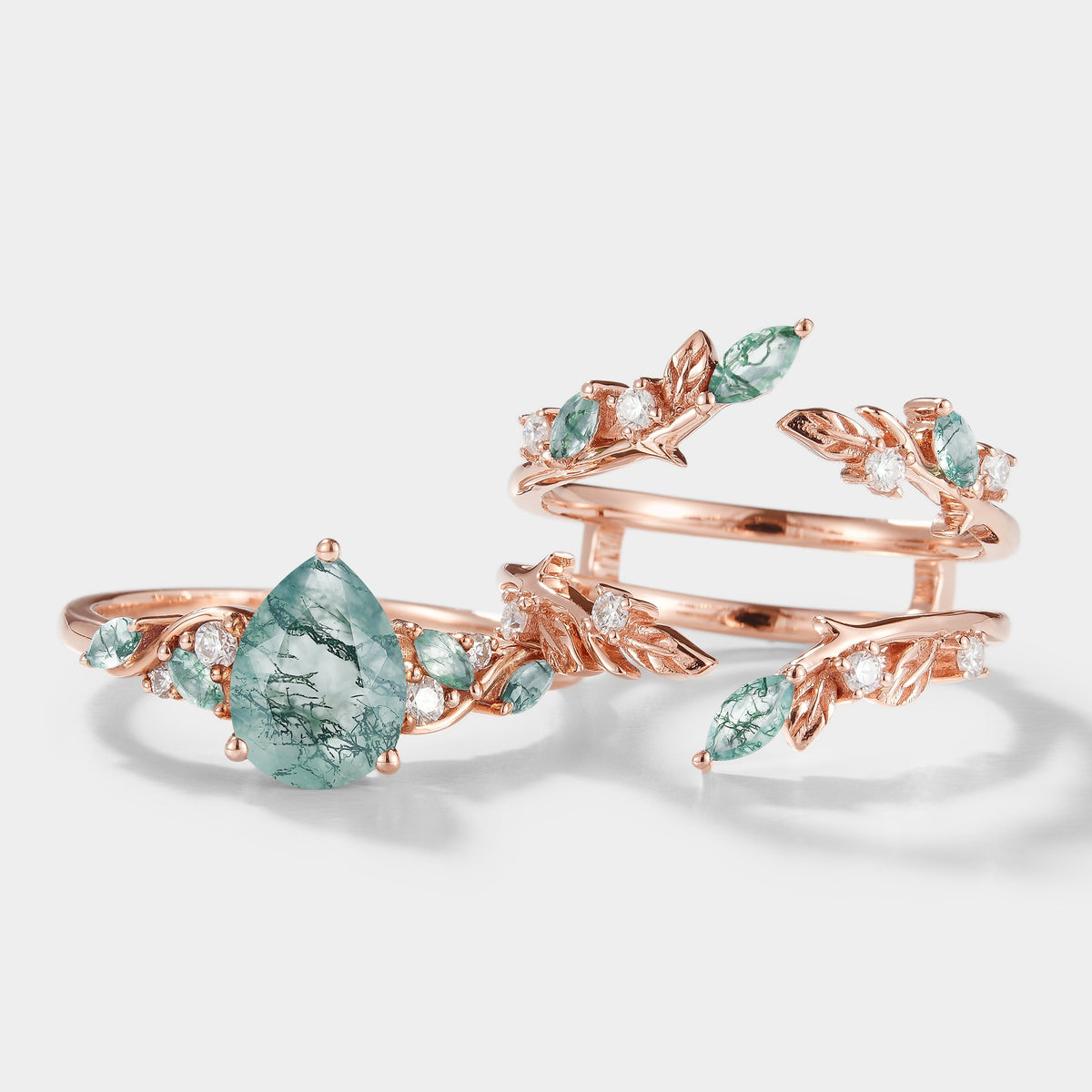 Moss Agate Engagement Ring With Enhancer Leaf Branch Double Wedding Band