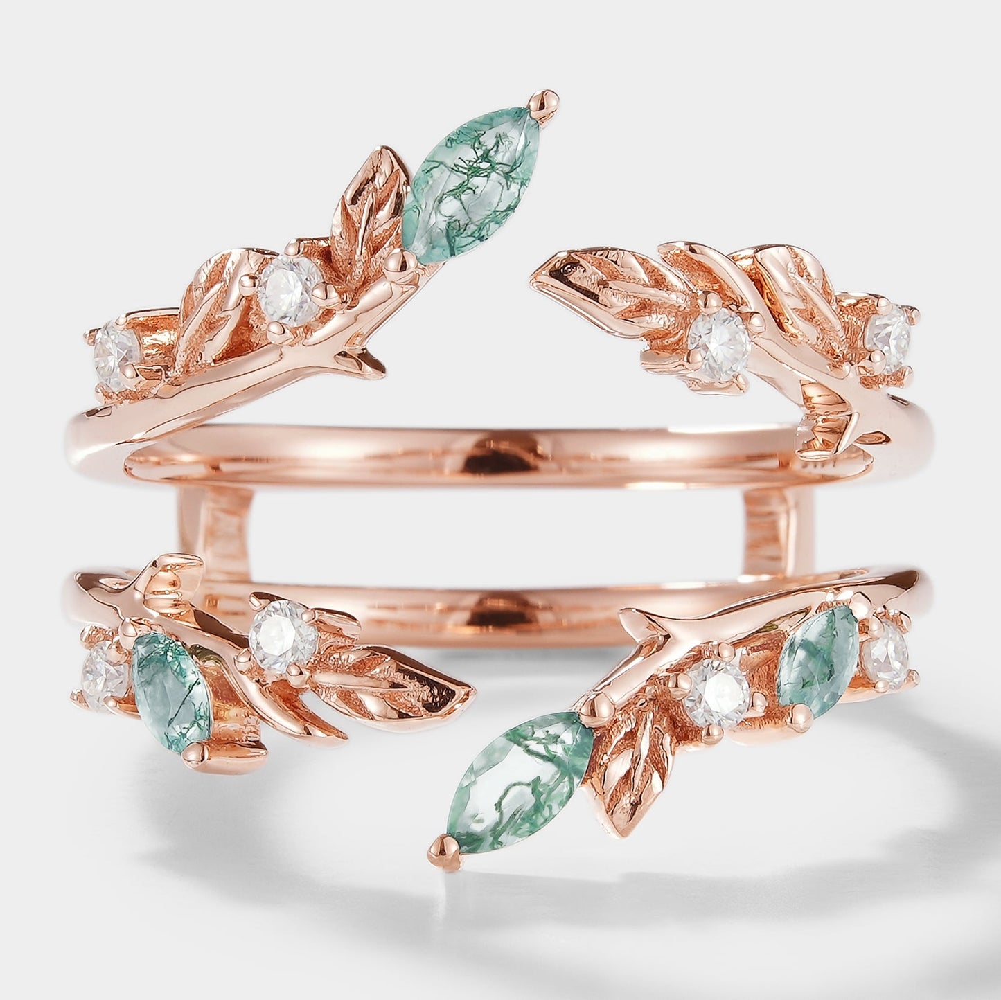 Moss Agate Enhancer Leaf Double Wedding Band