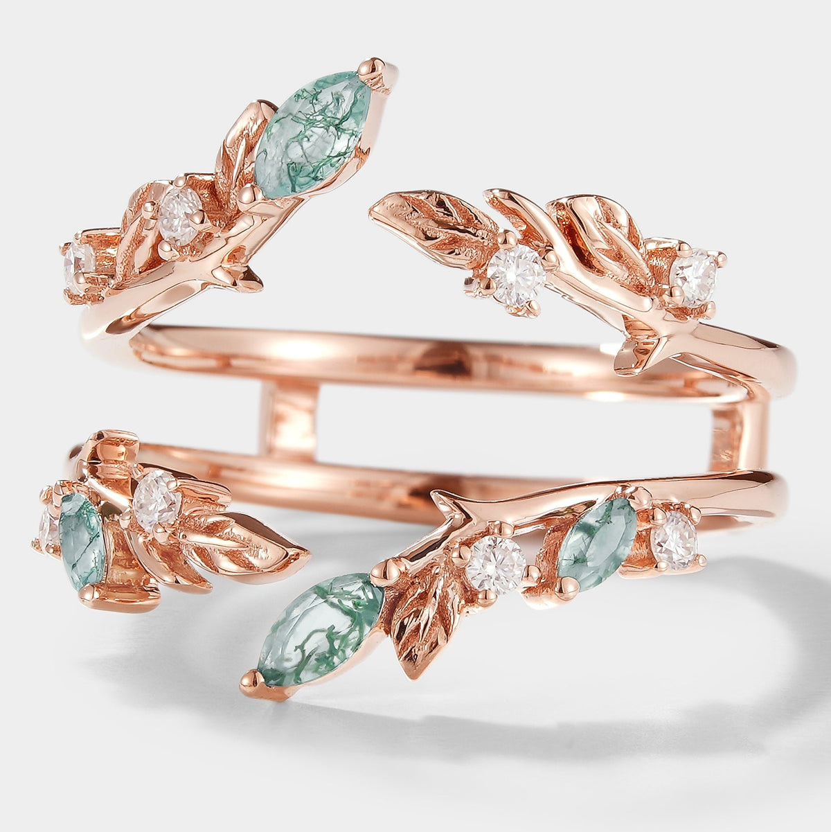 Moss Agate Enhancer Leaf Double Wedding Band
