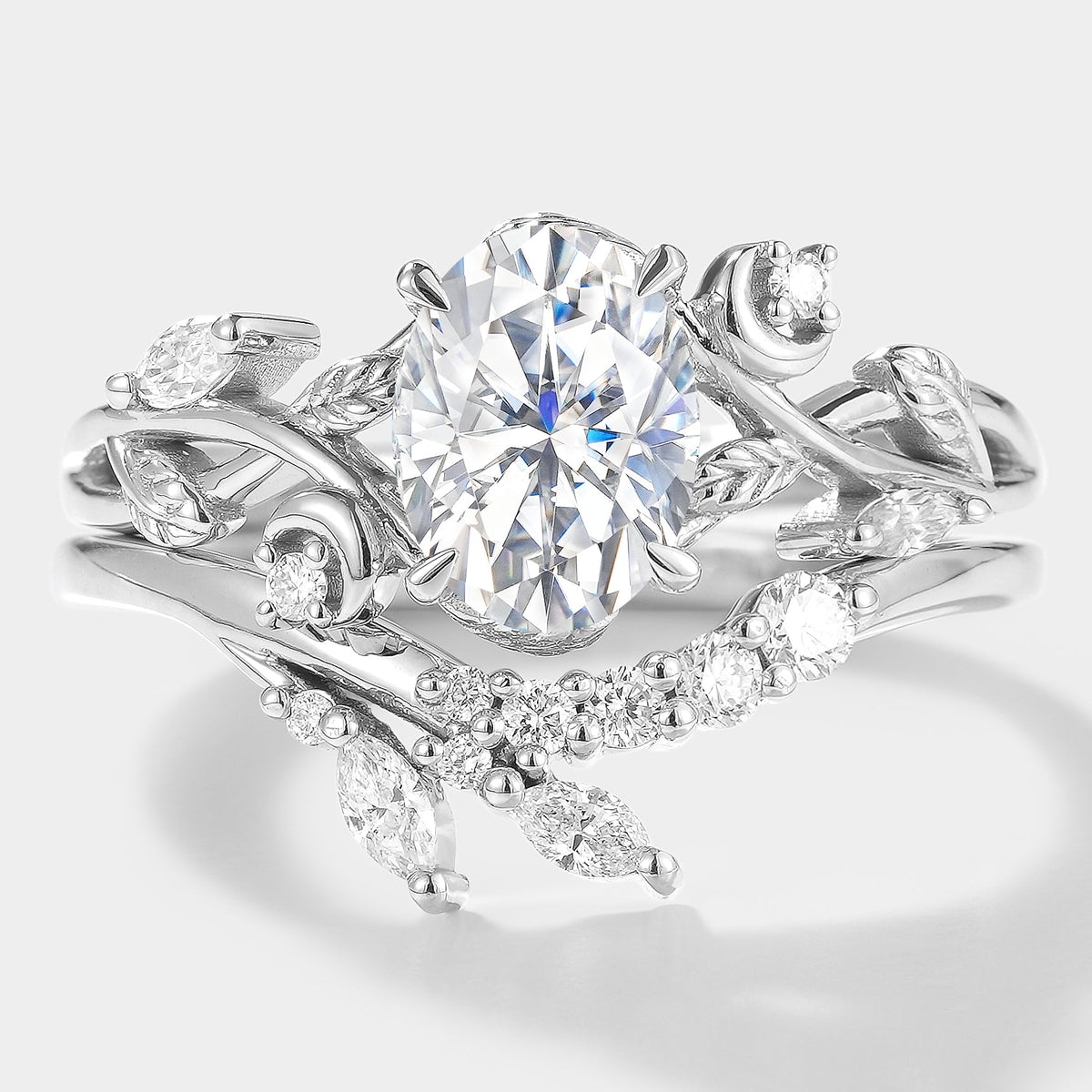 Oval Cut Moissanite Engagement Ring Set With Moon & Leaf