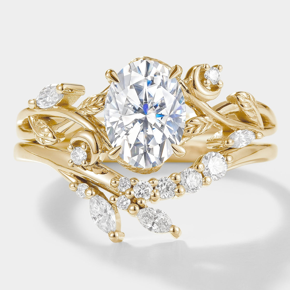 Oval Cut Moissanite Engagement Ring Set With Moon & Leaf