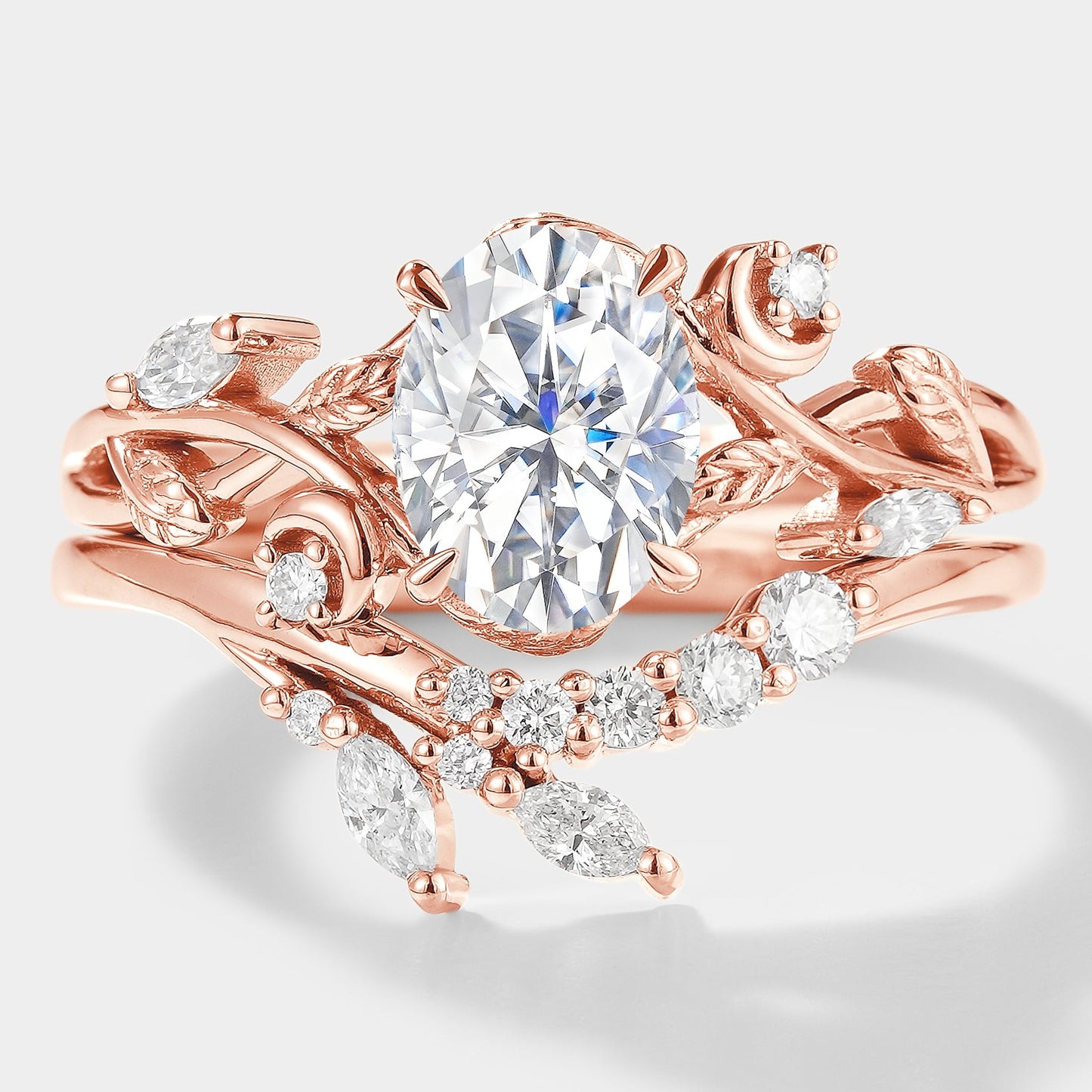 Oval Cut Moissanite Engagement Ring Set With Moon & Leaf