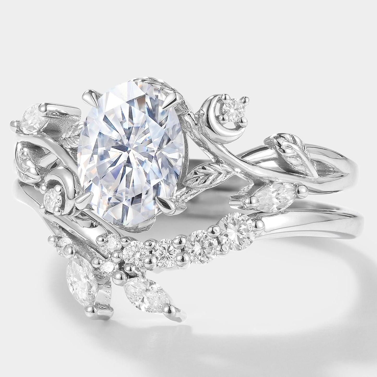 Oval Cut Moissanite Engagement Ring Set With Moon & Leaf
