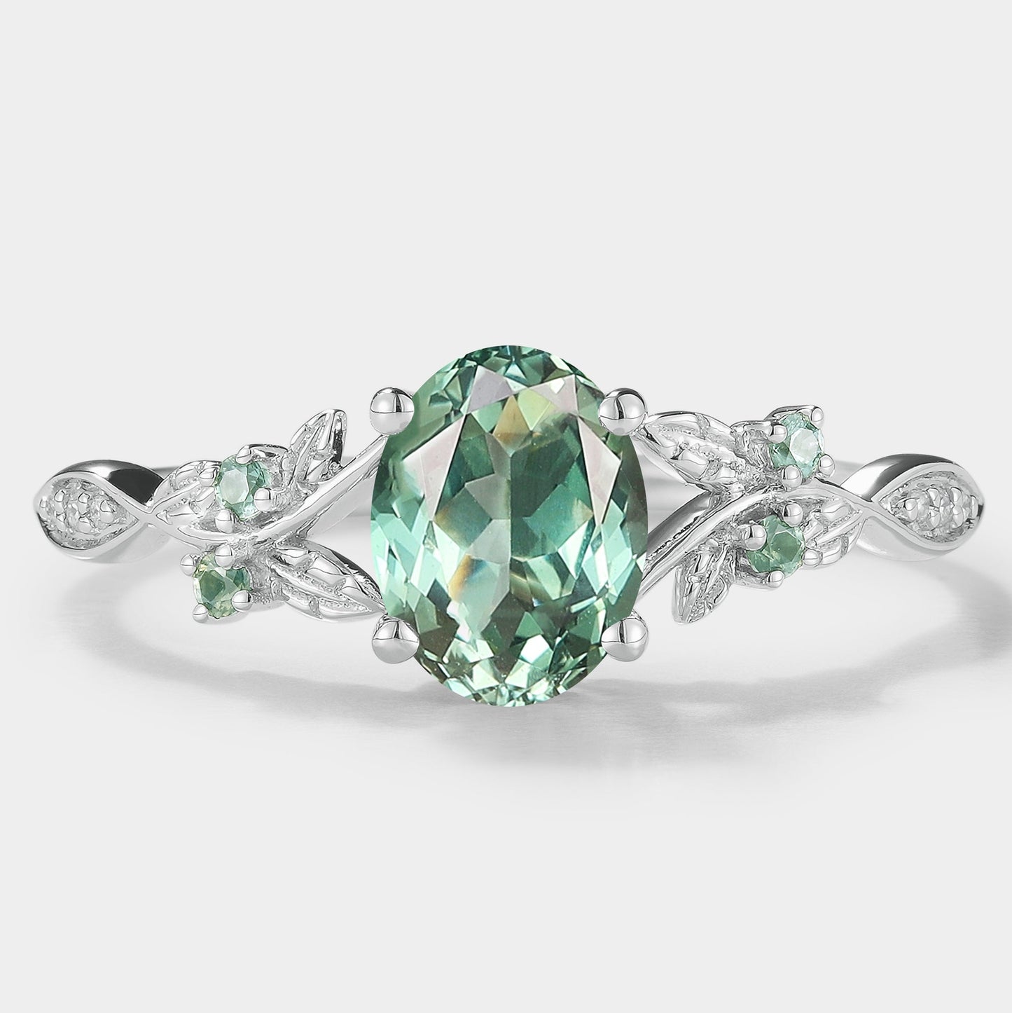 Oval Cut Lab Green Sapphire Engagement Ring With Leaf