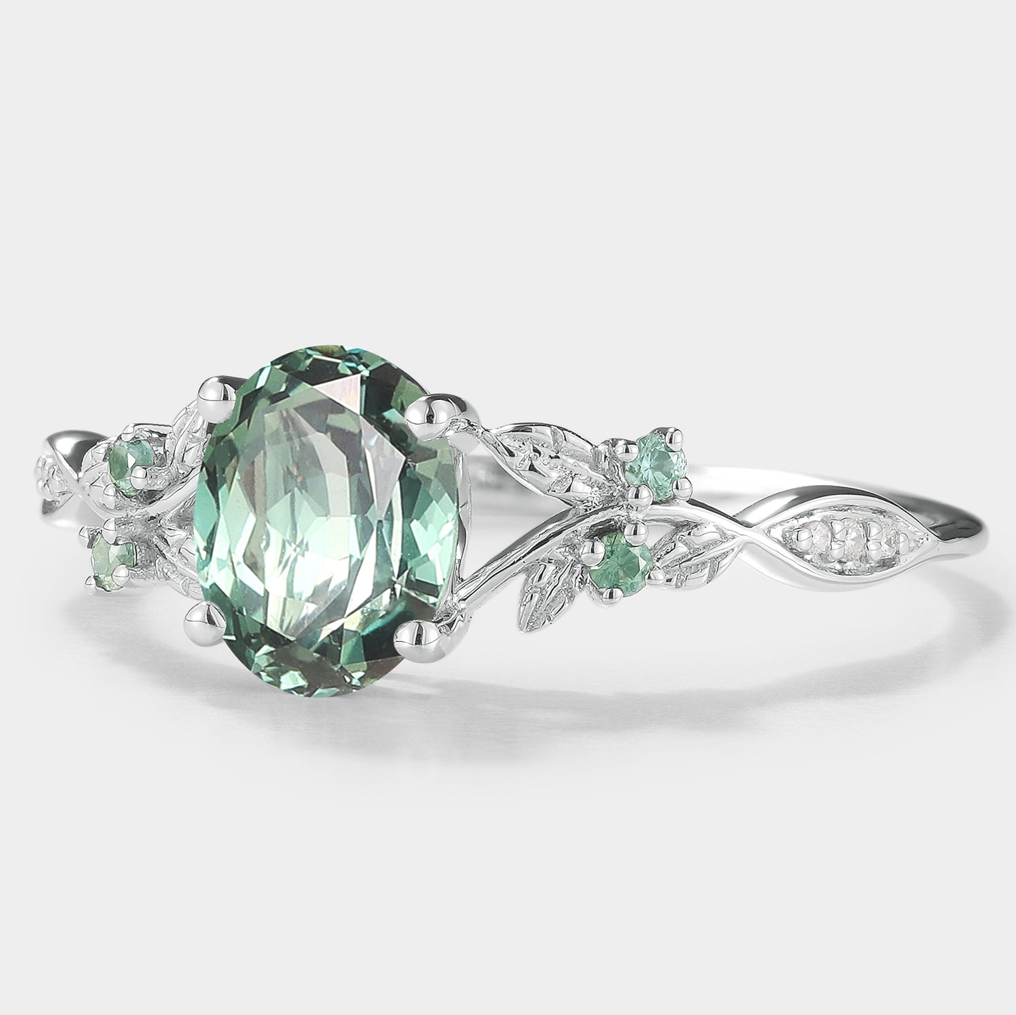 Oval Cut Lab Green Sapphire Engagement Ring With Leaf