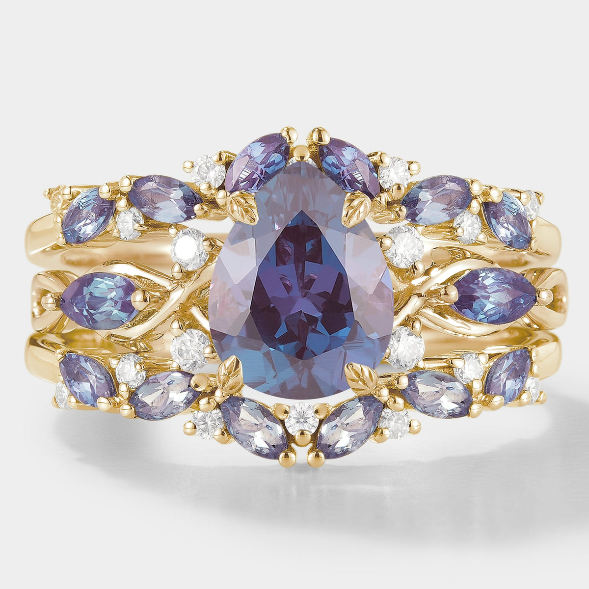 Alexandrite Engagement Ring With Enhancer Wedding Band 2pcs