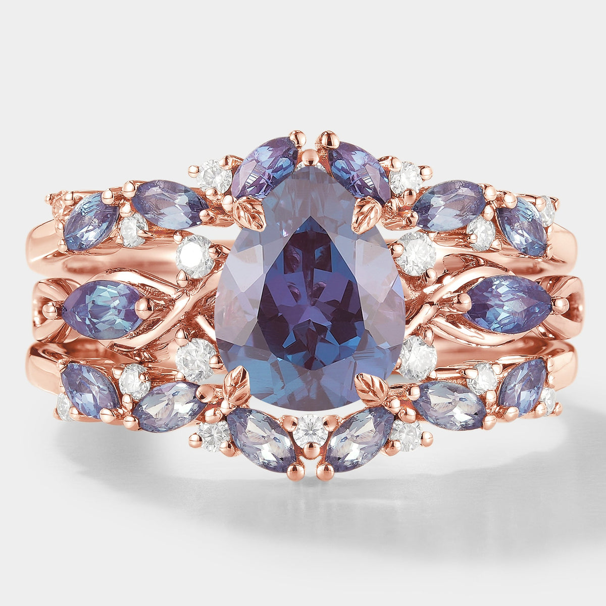 Alexandrite Engagement Ring With Enhancer Wedding Band 2pcs