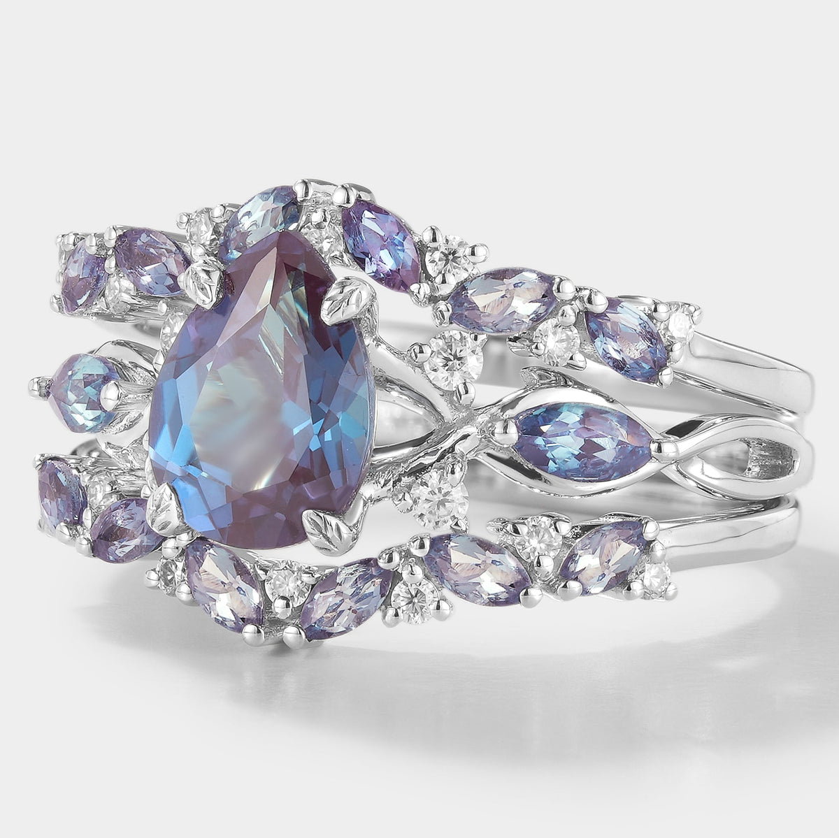 Alexandrite Engagement Ring With Enhancer Wedding Band 2pcs