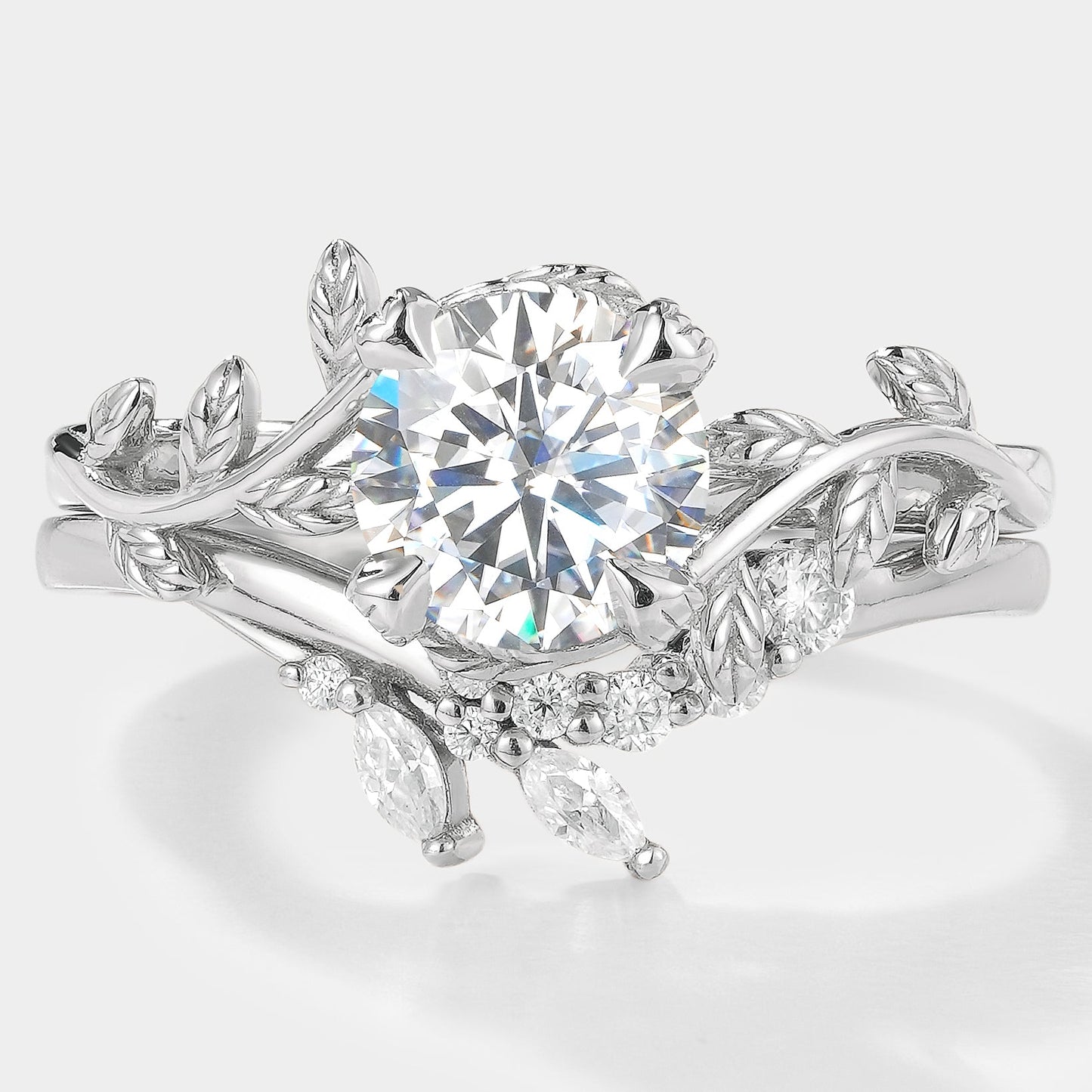 Round Cut Moissanite Leaf Engagement Ring Set Chevron Wedding Band