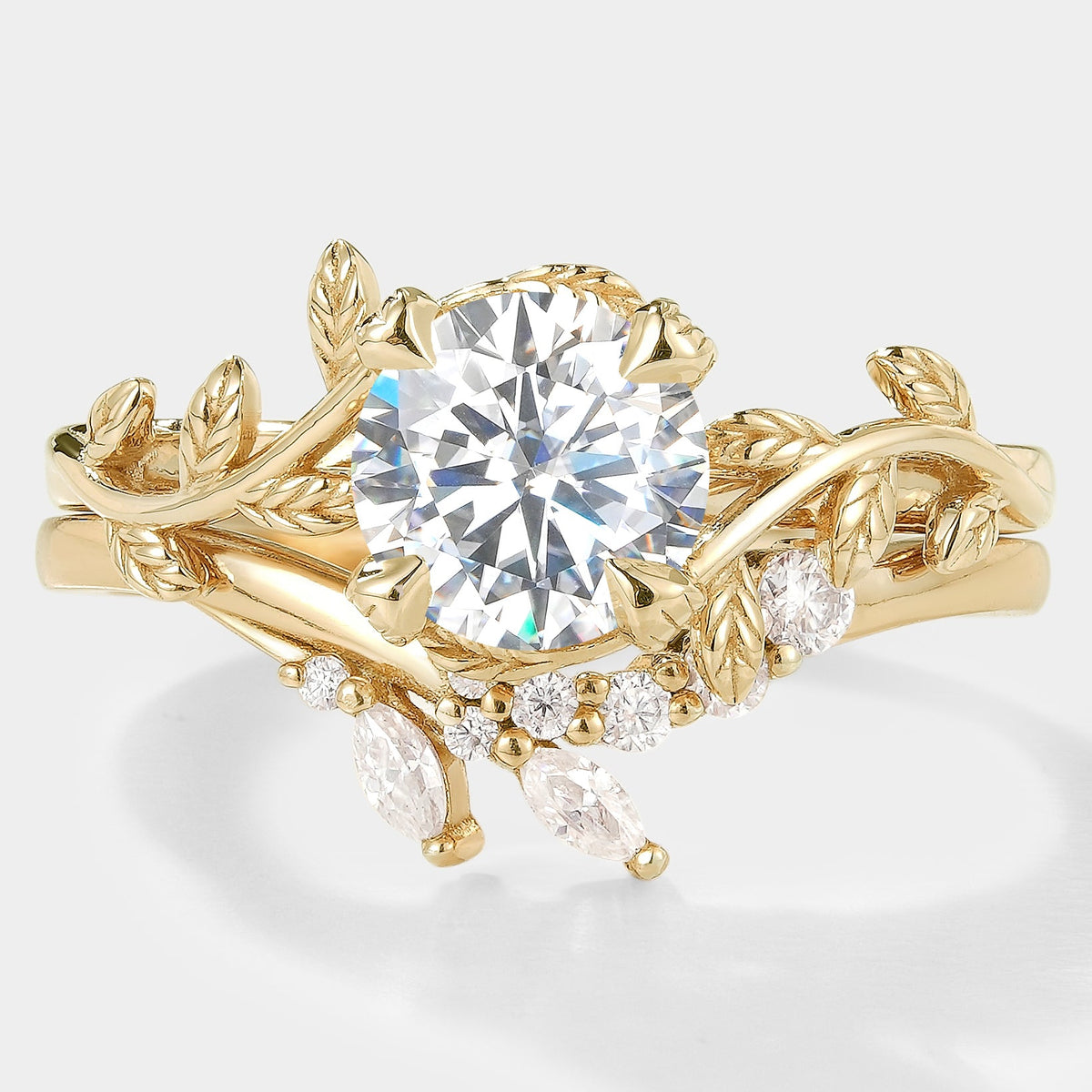 Round Cut Moissanite Leaf Engagement Ring Set Chevron Wedding Band