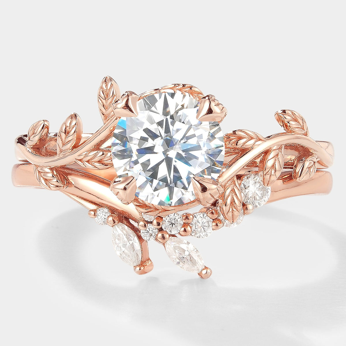 Round Cut Moissanite Leaf Engagement Ring Set Chevron Wedding Band