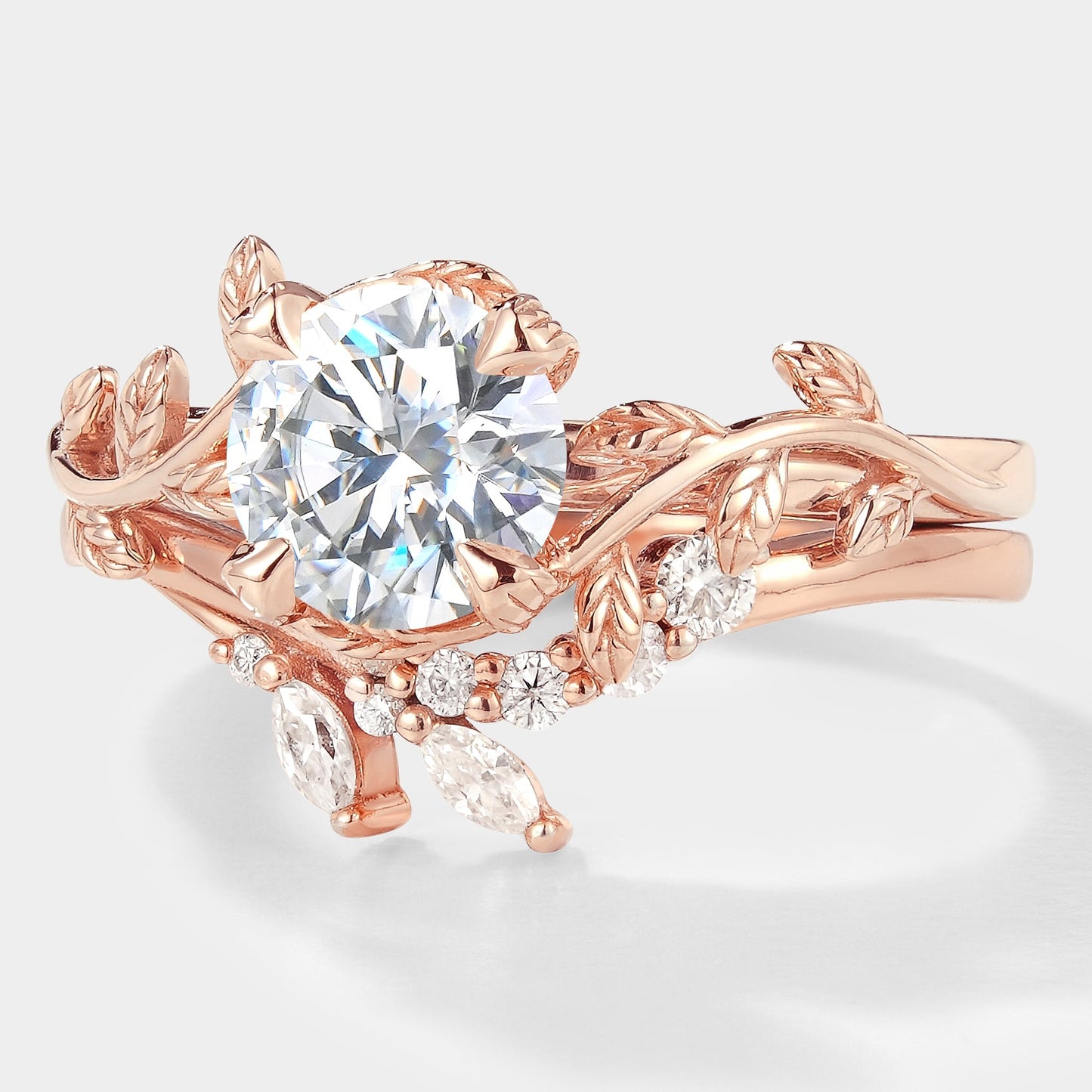 Round Cut Moissanite Leaf Engagement Ring Set Chevron Wedding Band