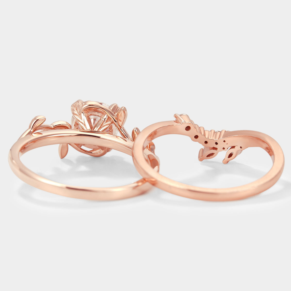 Round Cut Moissanite Leaf Engagement Ring Set Chevron Wedding Band