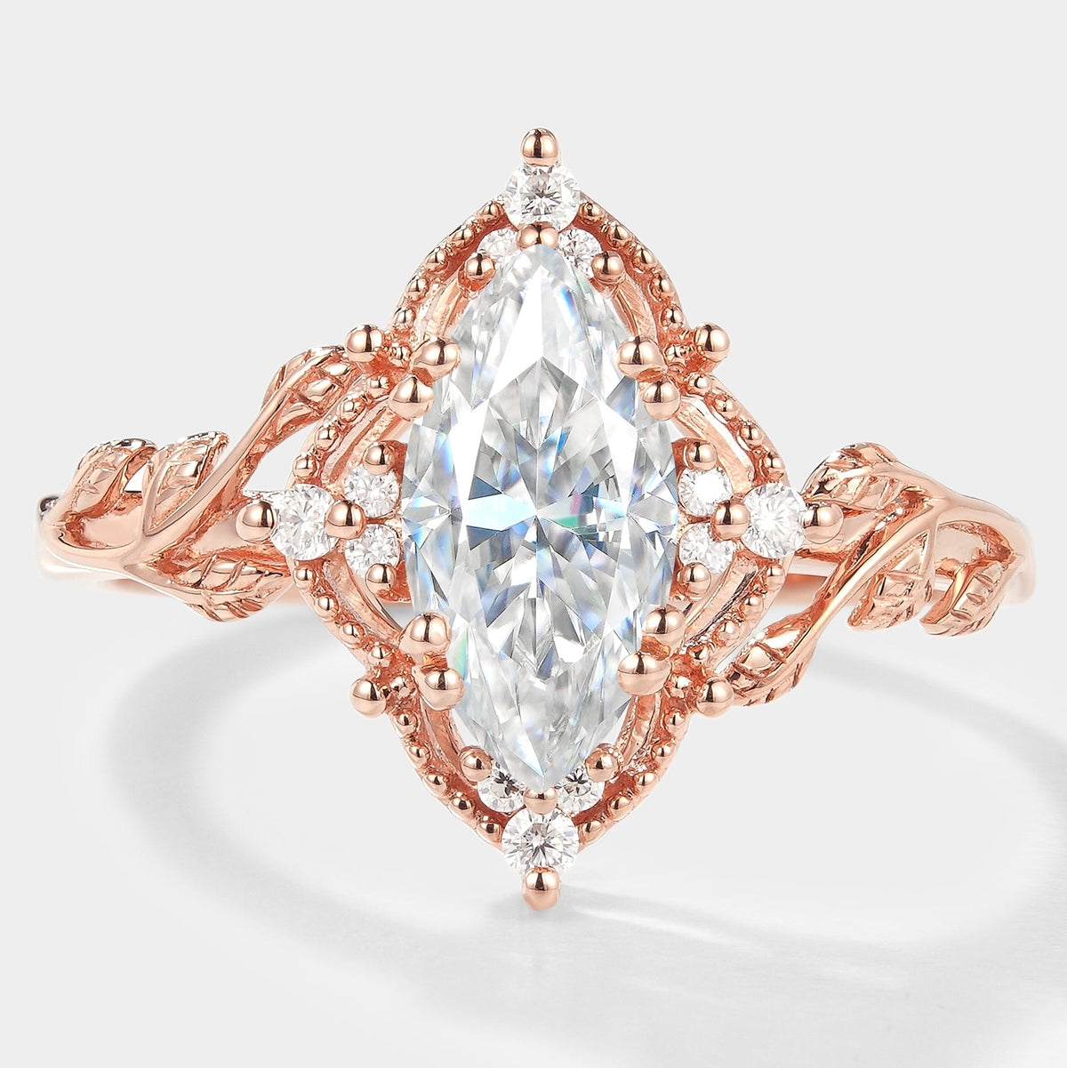 Marquise Cut Moissanite Ring with Leaf Design