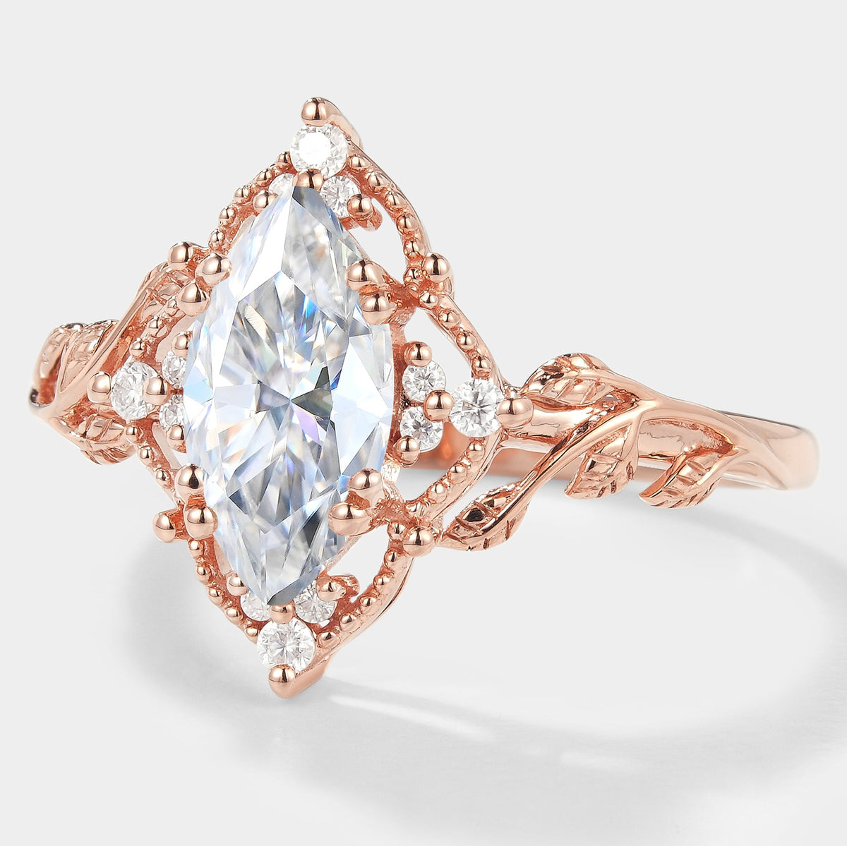 Marquise Cut Moissanite Ring with Leaf Design