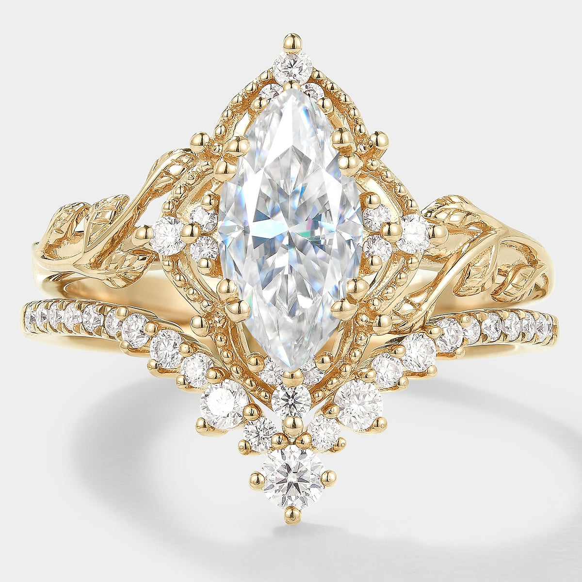 Marquise Cut Moissanite Engagement Ring With Curved Wedding Band 2pcs