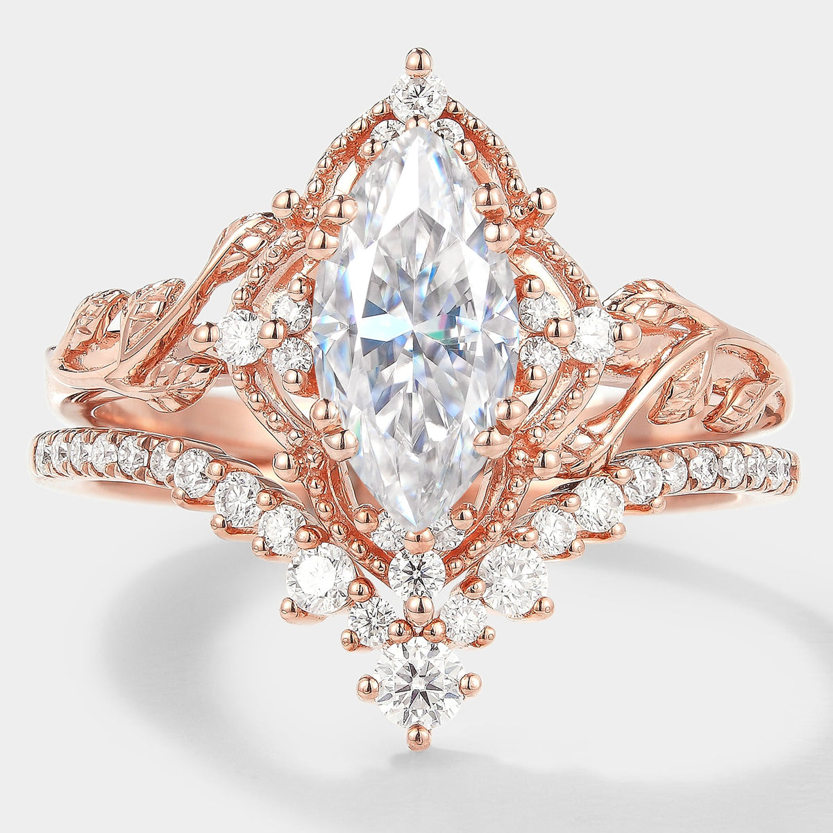 Marquise Cut Moissanite Engagement Ring With Curved Wedding Band 2pcs