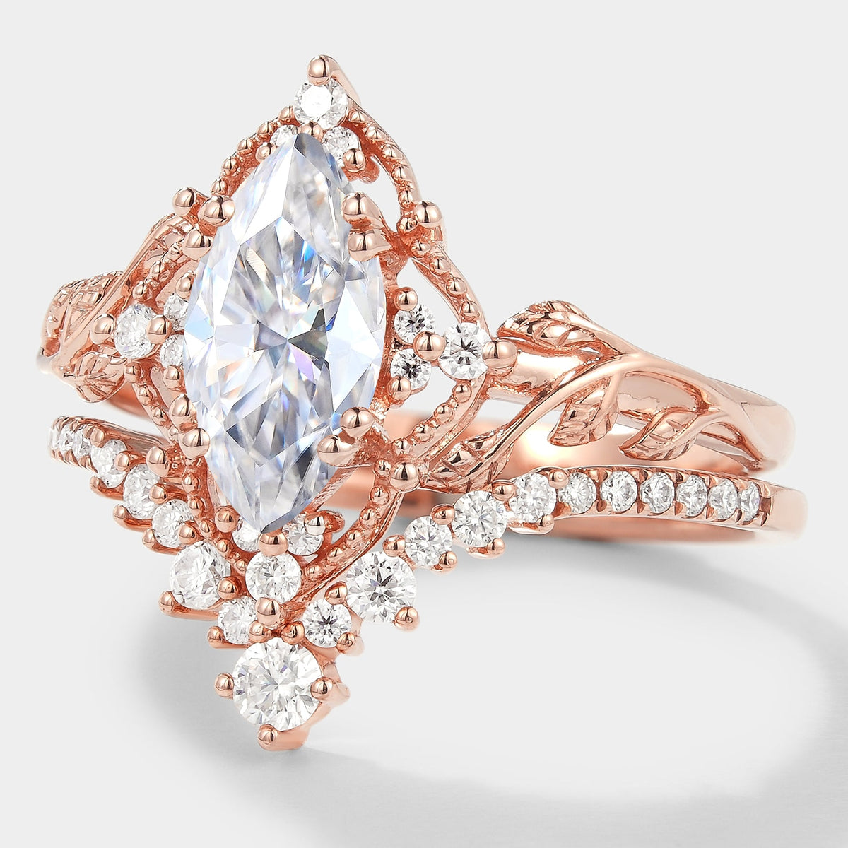 Marquise Cut Moissanite Engagement Ring With Curved Wedding Band 2pcs