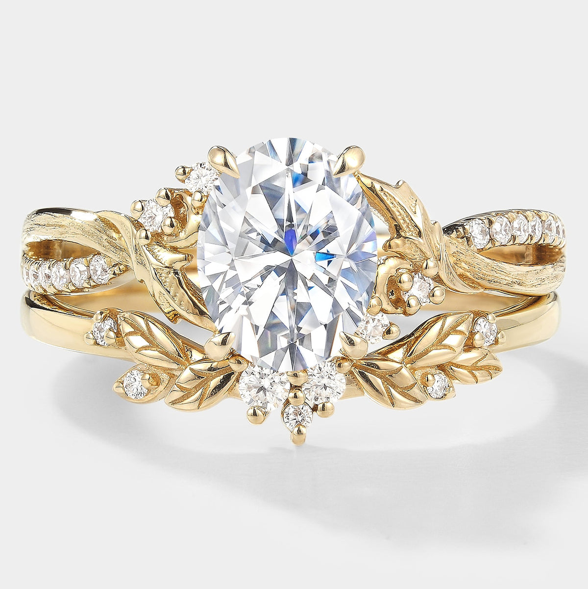 Moissanite Engagement Ring With Leaf Bark Texture Ring Set 2pcs