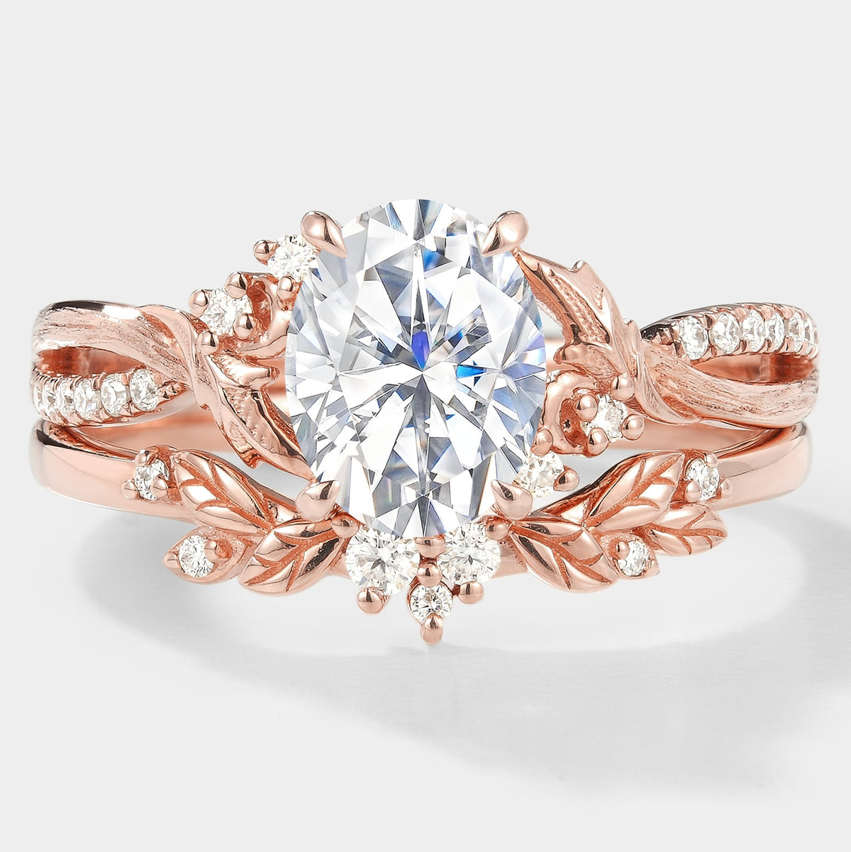 Moissanite Engagement Ring With Leaf Bark Texture Ring Set 2pcs