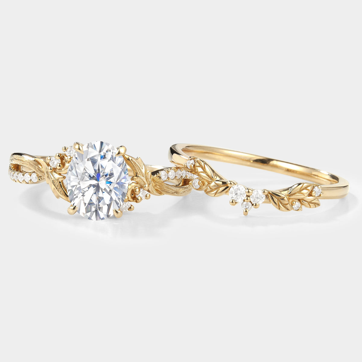 Moissanite Engagement Ring With Leaf Bark Texture Ring Set 2pcs