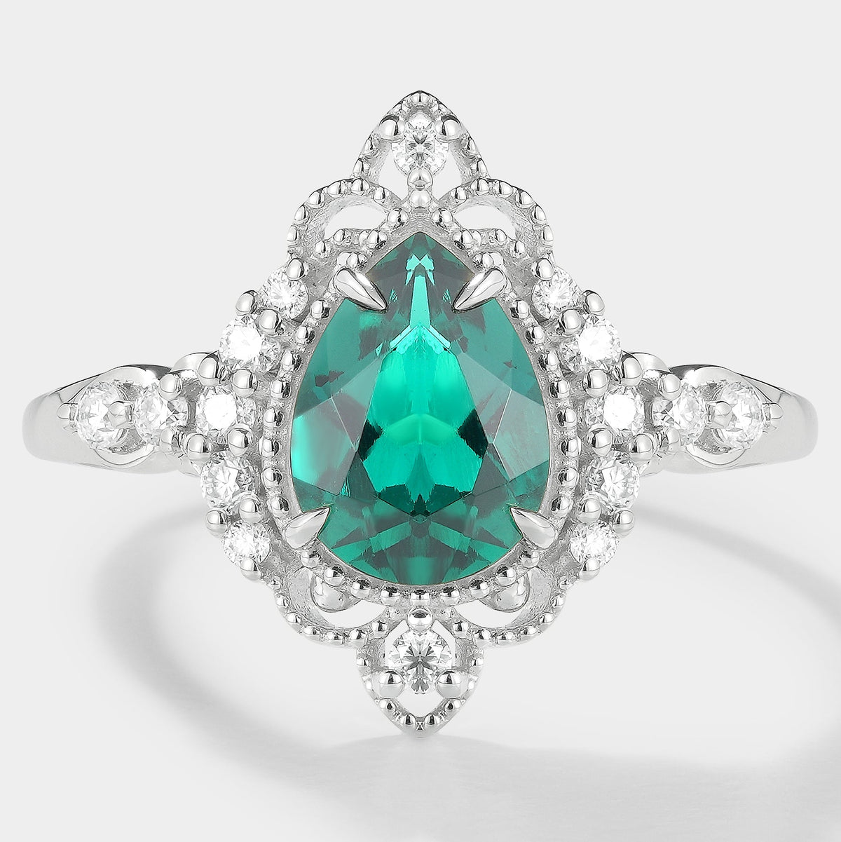 Pear Cut Lab Emerald Vintage Palace Style Engagement Ring