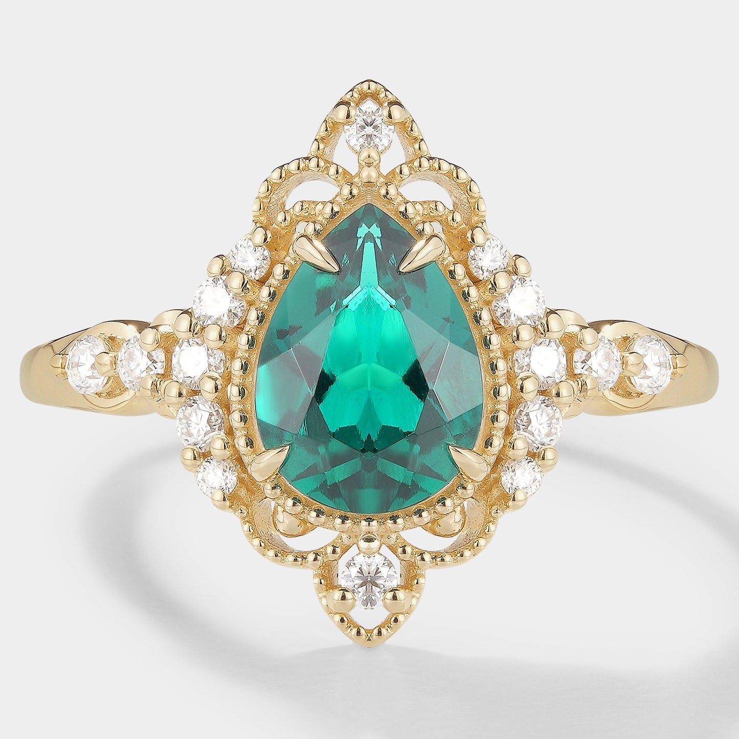 Pear Cut Lab Emerald Vintage Palace Style Engagement Ring