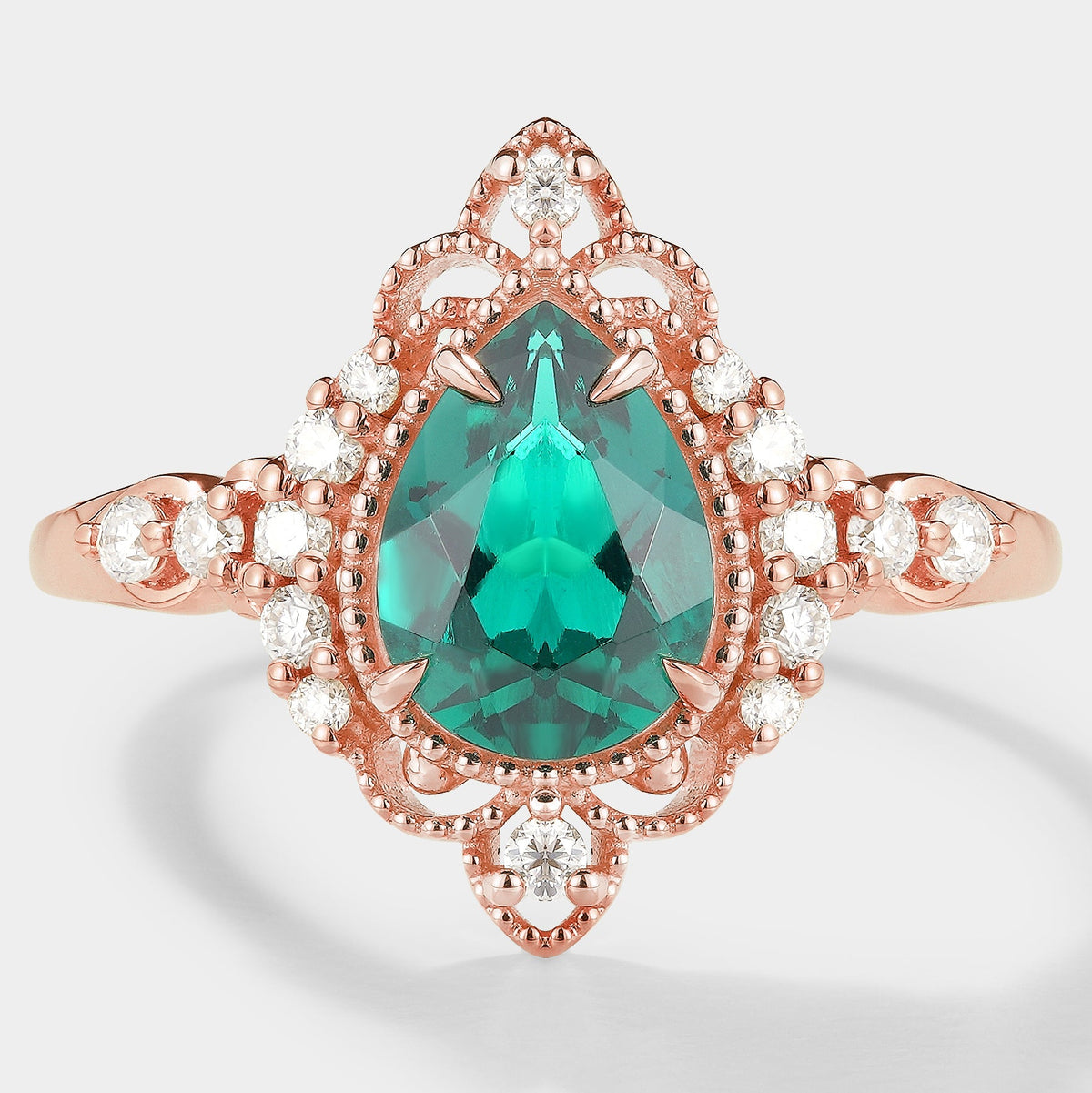 Pear Cut Lab Emerald Vintage Palace Style Engagement Ring