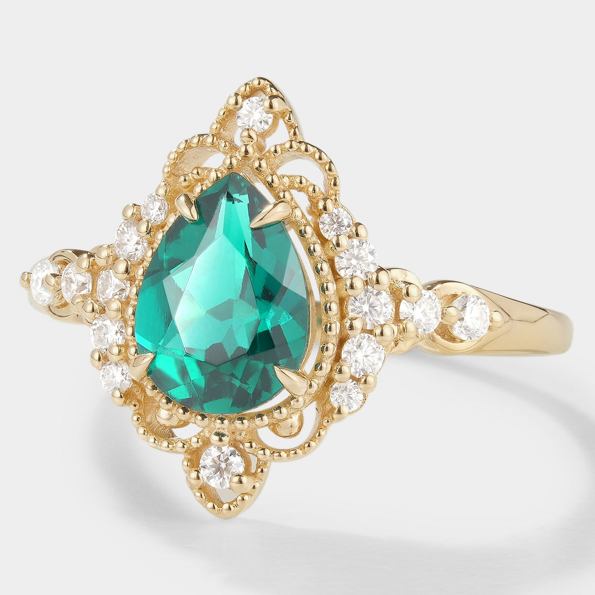Pear Cut Lab Emerald Vintage Palace Style Engagement Ring