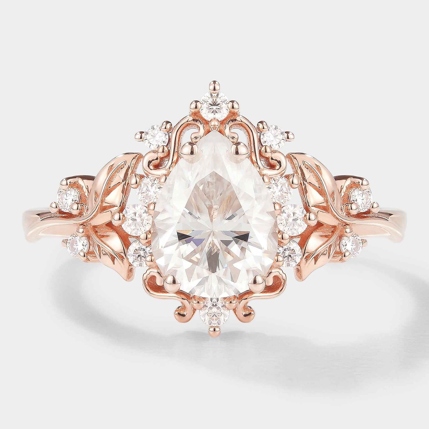 Leaf Inspired Pear Cut Moissanite Engagement Ring – Customized with Ruby Accent Stones For Leandro