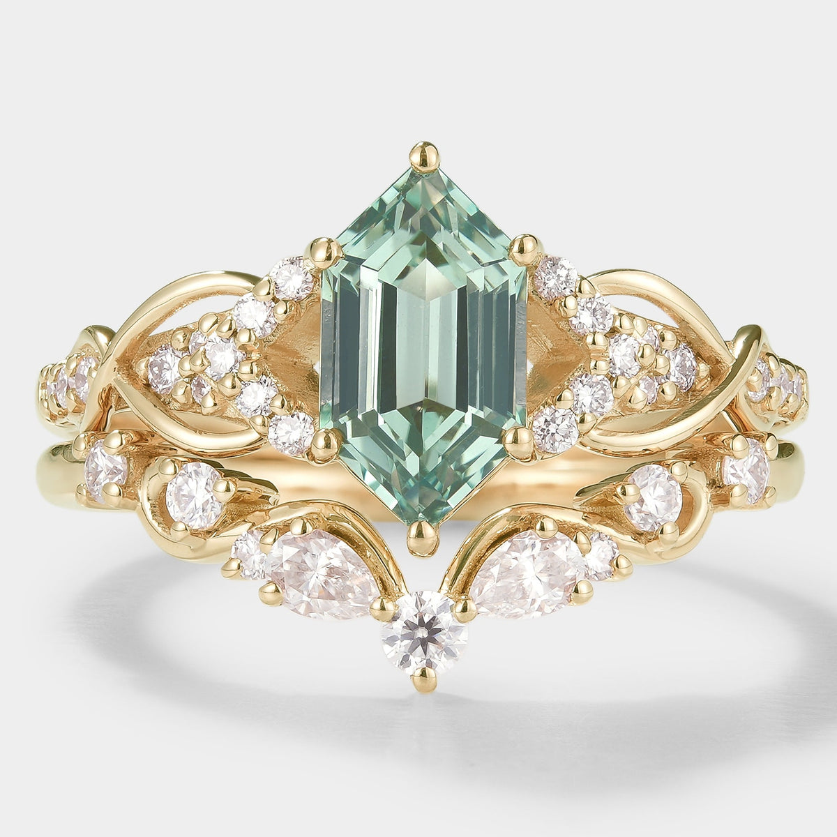 Long Hexagon Green Sapphire Bridal Set Moissanite Cluster 2pcs