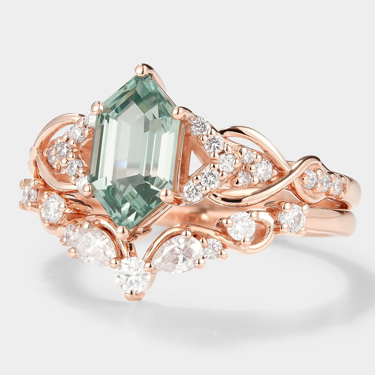 Long Hexagon Green Sapphire Bridal Set Moissanite Cluster 2pcs